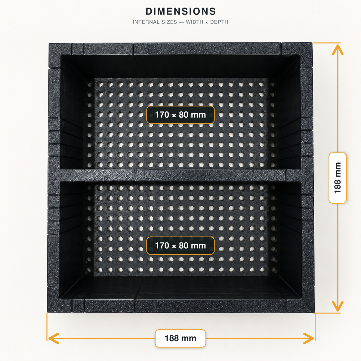 Design 3 make-up organiser dimensions: two 170 x 80 mm compartments in a 188 mm square