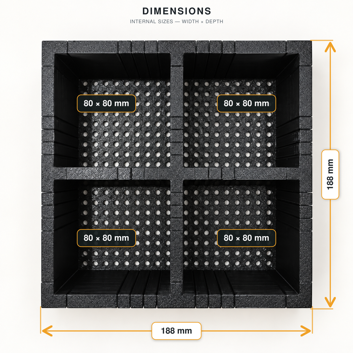 Design 2 make-up organiser dimensions: four equal compartments in a 188 mm square