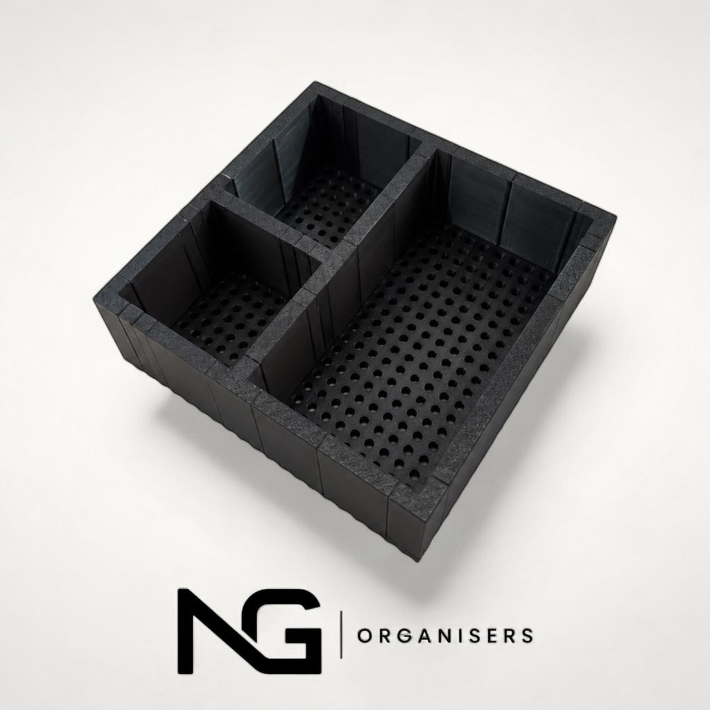 Empty Design 1 make-up organiser with three compartments, angled view