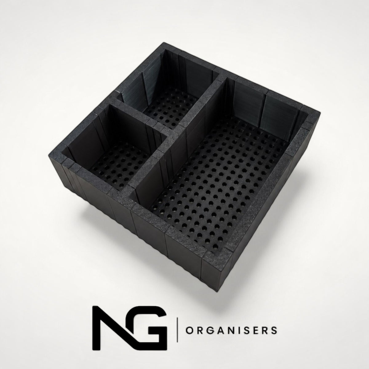 Empty Design 1 make-up organiser with three compartments, angled view