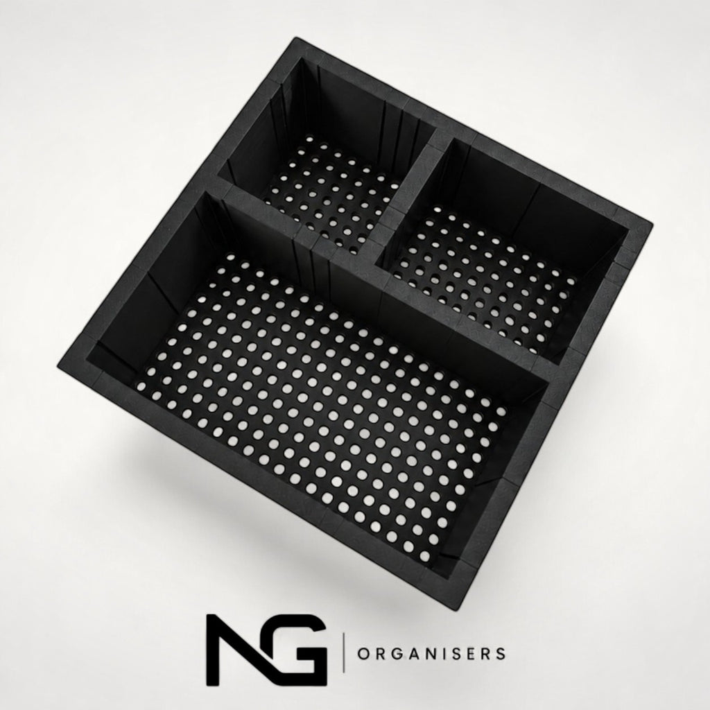 Design 1 black 3D-printed make-up organiser, angled view