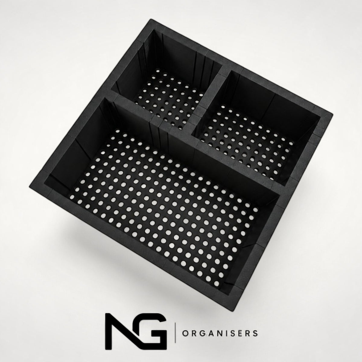 Design 1 black 3D-printed make-up organiser, angled view