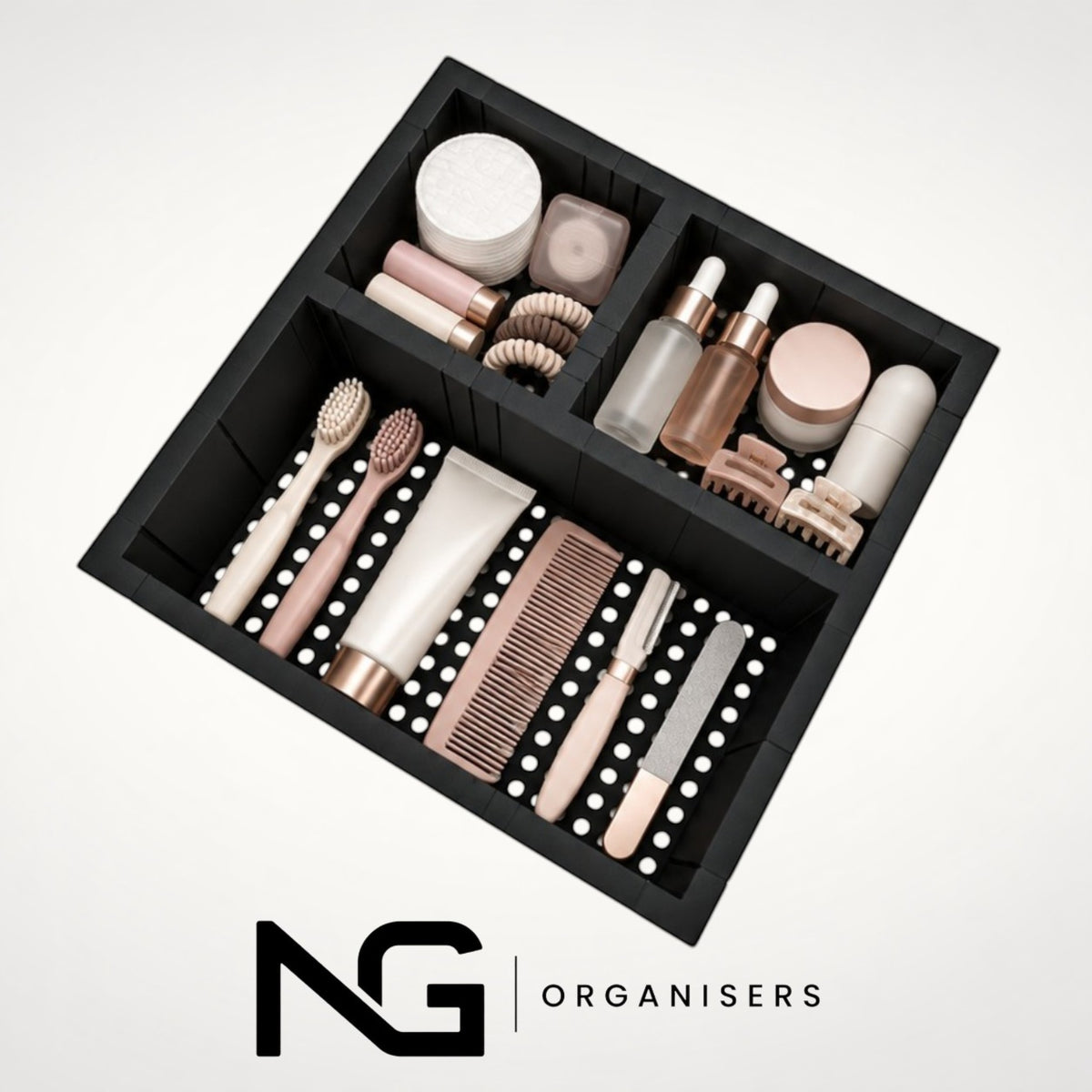 Design 1 make-up drawer organiser filled with cosmetics, brushes and perfume