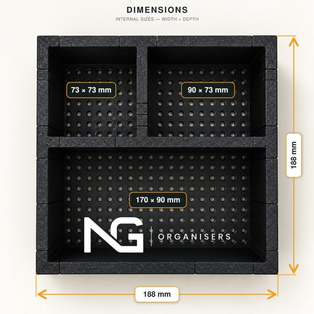 Design 1 make-up organiser dimensions: 73 x 73 mm, 90 x 73 mm and 170 x 90 mm compartments in a 188 mm square