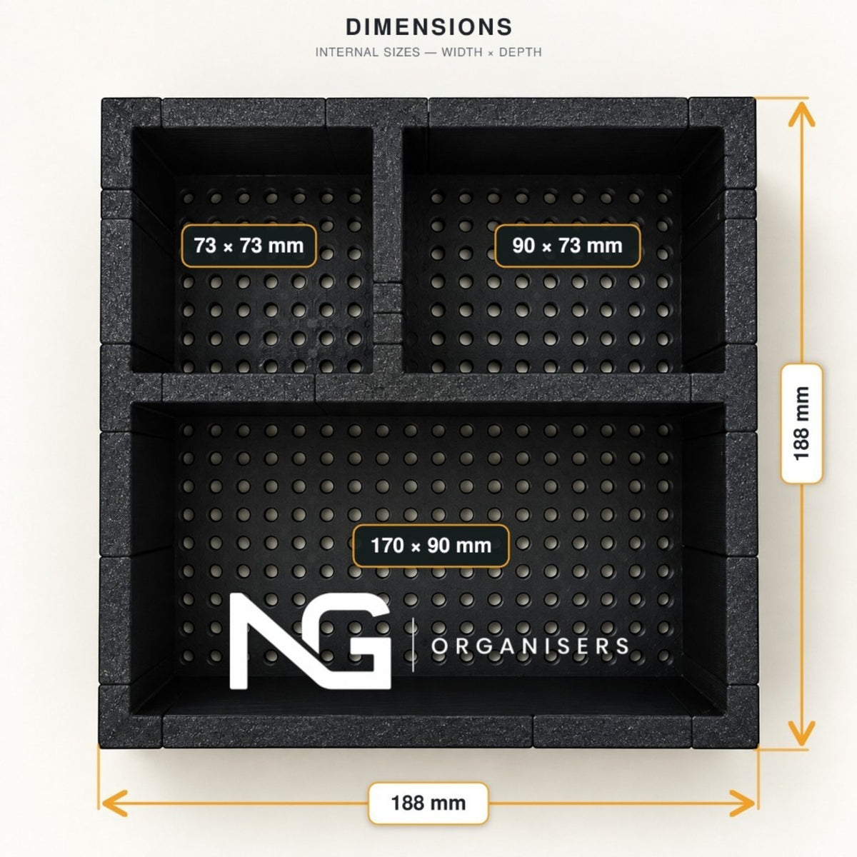 Design 1 make-up organiser dimensions: 73 x 73 mm, 90 x 73 mm and 170 x 90 mm compartments in a 188 mm square