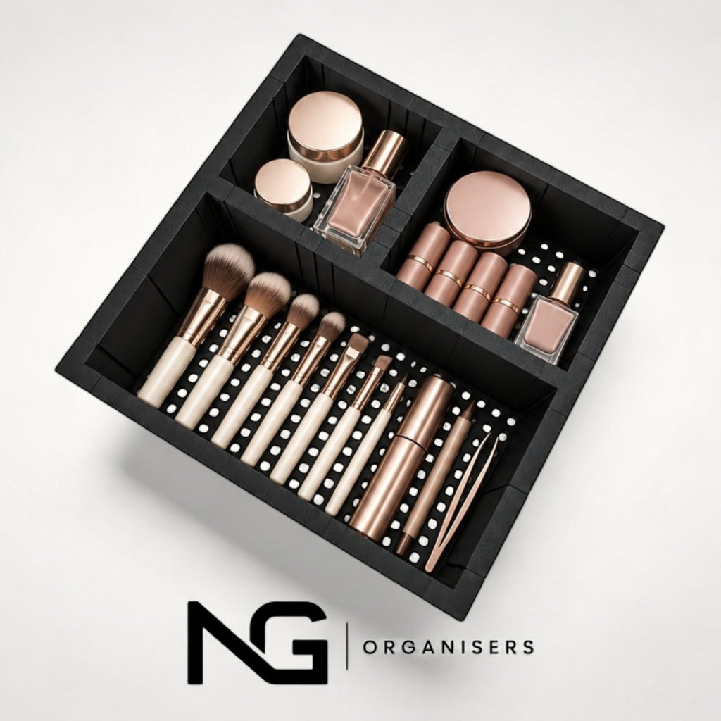 NG Organisers 188 x 188 mm make-up drawer organiser (Design 1) holding brushes, lipsticks and skincare