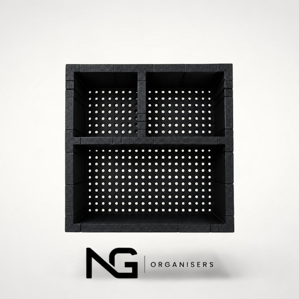 Empty Design 1 make-up organiser, top view showing the perforated base