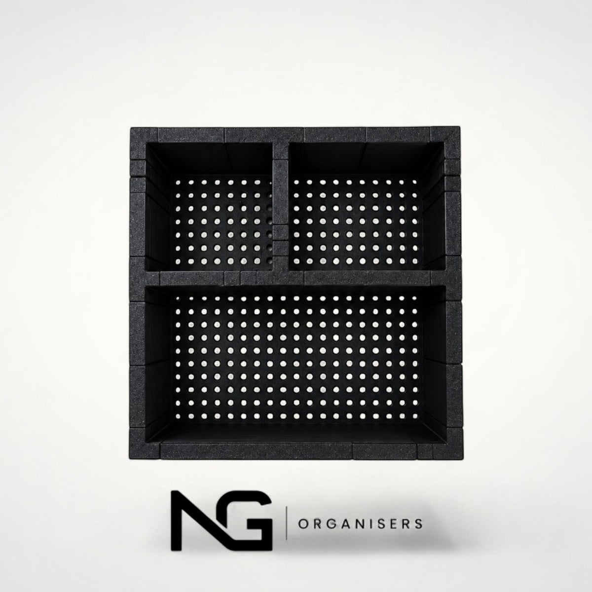 Empty Design 1 make-up organiser, top view showing the perforated base