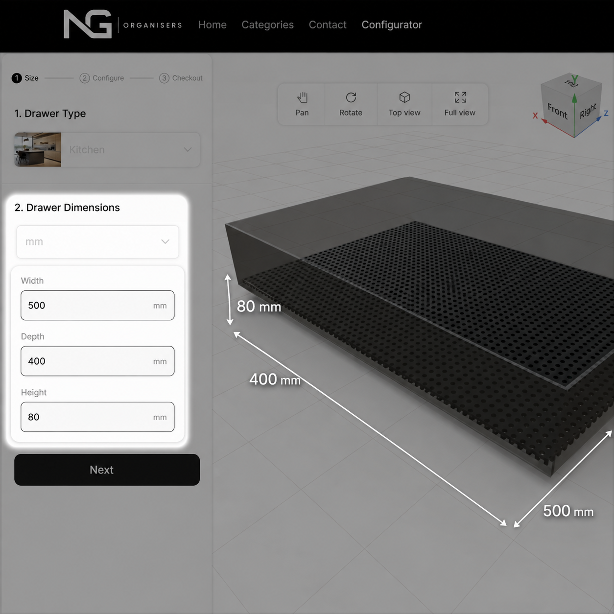 Entering the drawer's internal width, depth and height in the NG Organisers configurator
