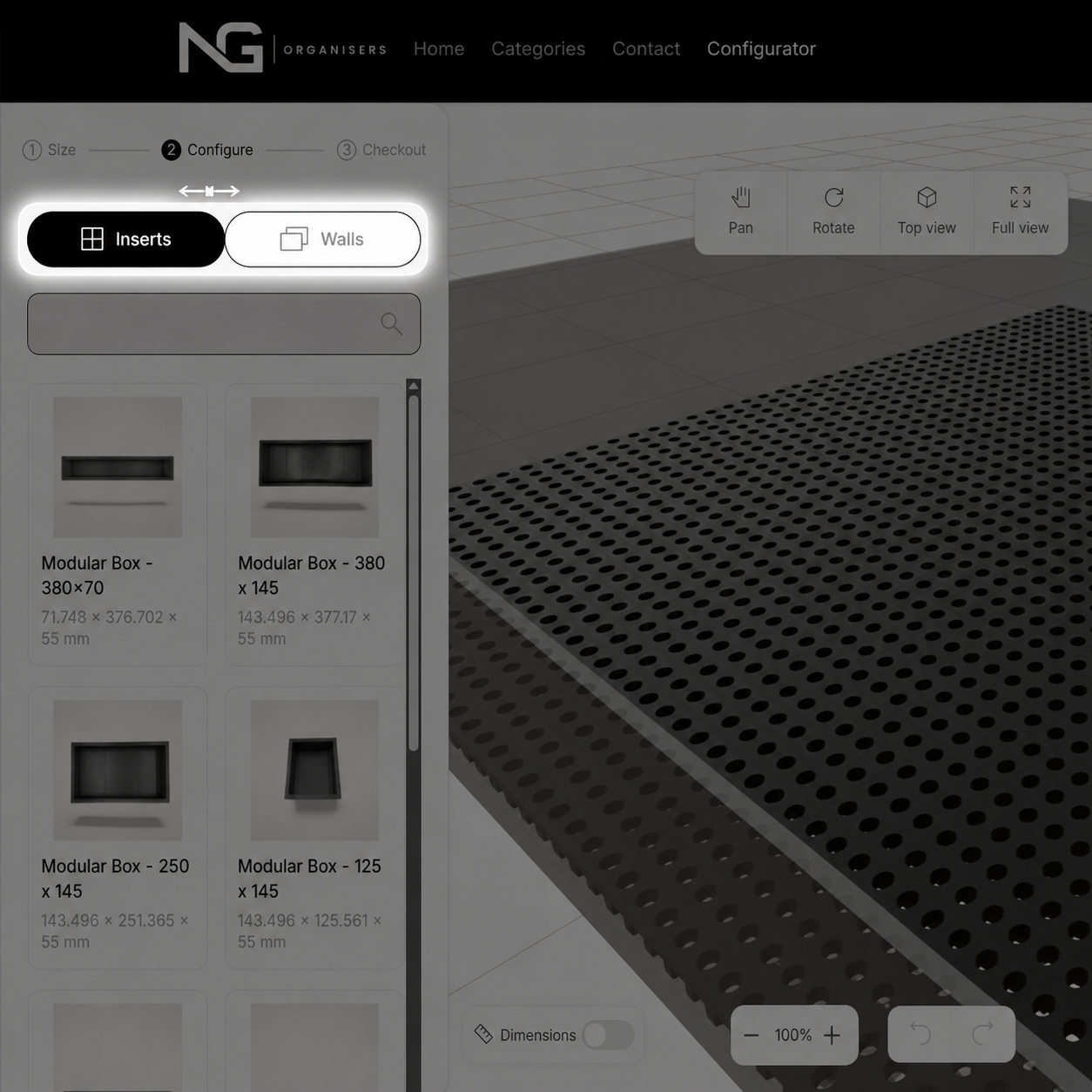 Choosing between modular inserts and wall components in the NG Organisers configurator