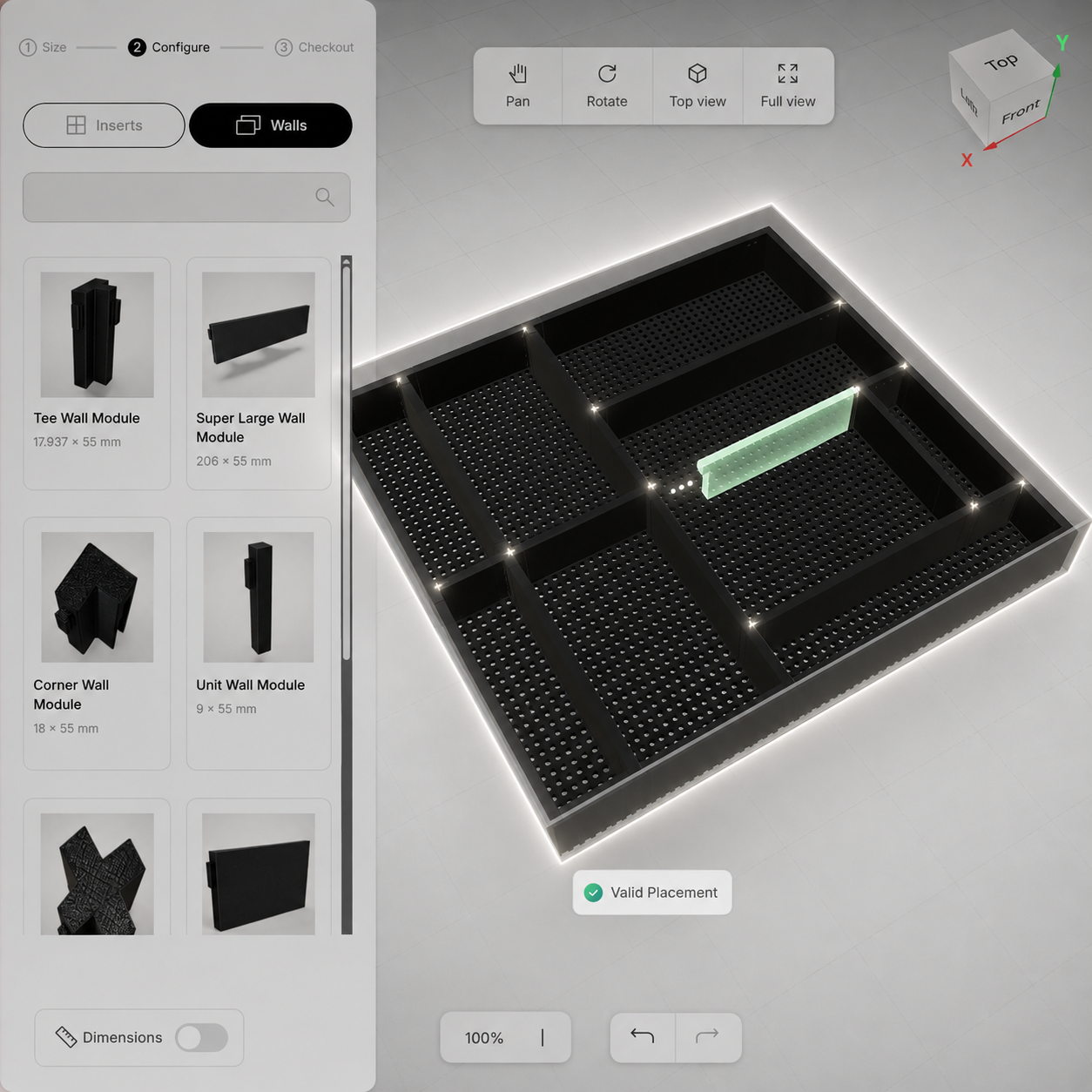 A complete personalised drawer layout created piece by piece in the configurator