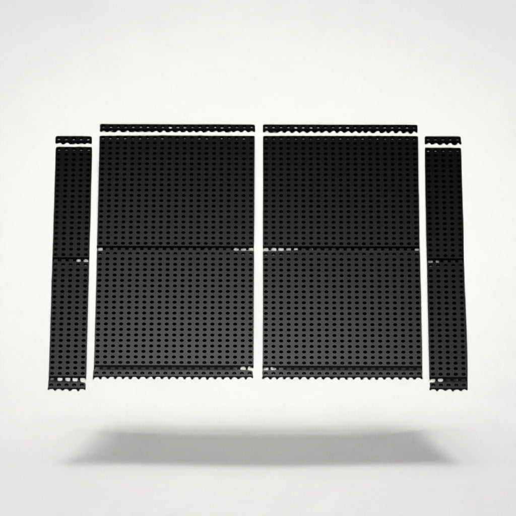 NG Organisers 188x18 black modular drawer base components arranged for a custom storage system layout.