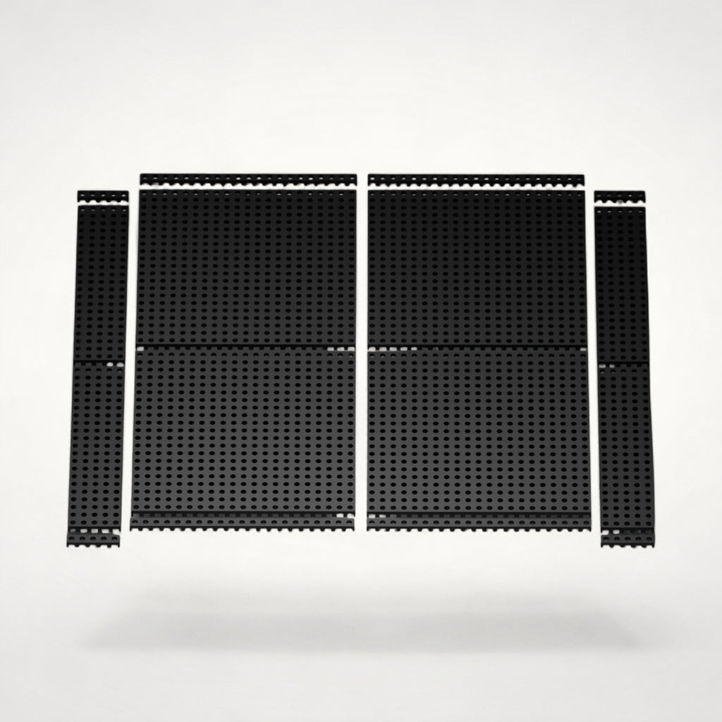 NG Organisers 45x45 black modular drawer base components with a perforated grid design for custom storage layouts.