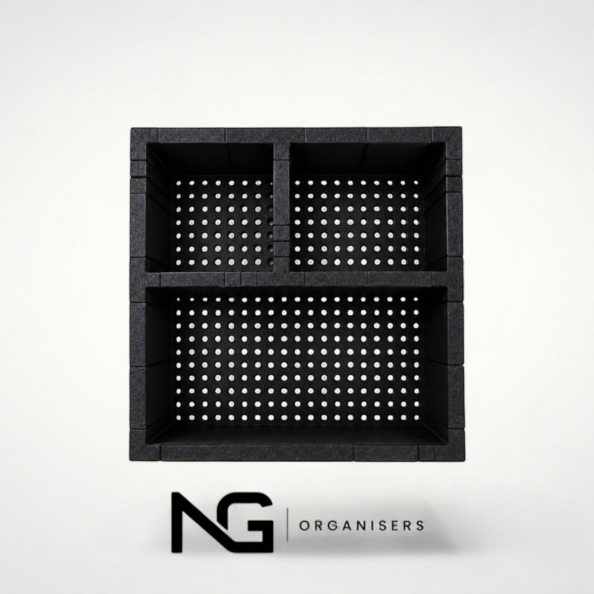 NG Organisers black make-up drawer insert with three compartments and a perforated base for storage