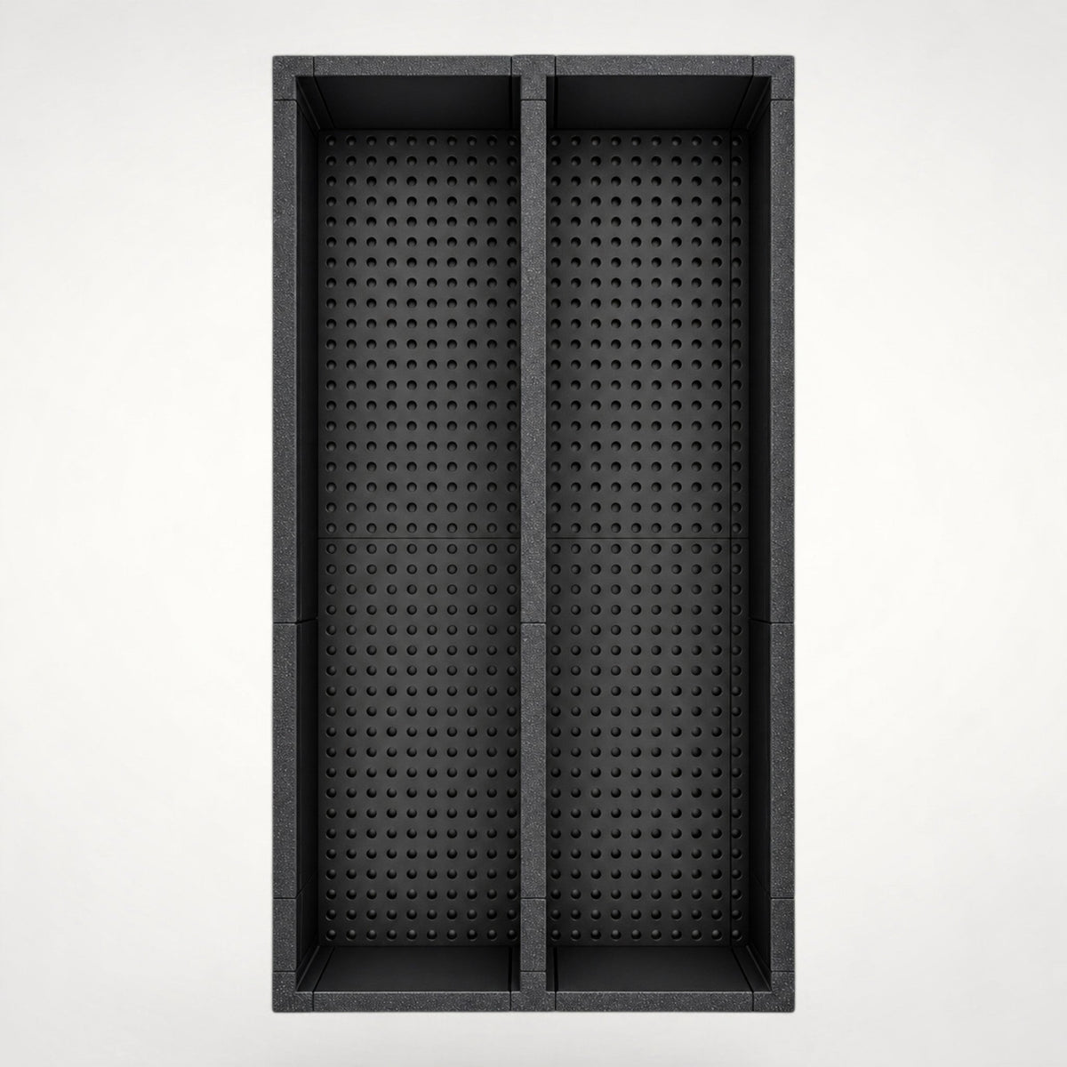 NG Organisers matte charcoal-black two-compartment kitchen utensil drawer insert with a perforated grippy base.