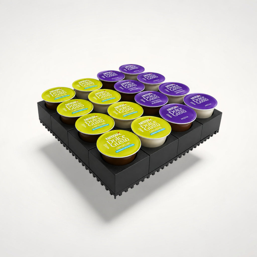NG Organisers medium coffee pod holder for 16 Dolce Gusto capsules in a black modular grid design