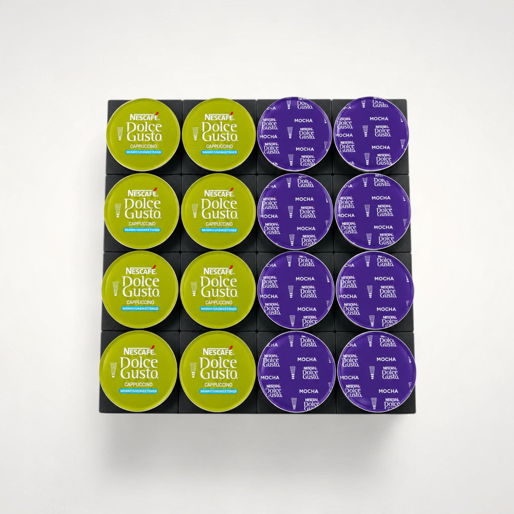 NG Organisers medium coffee pod storage kit holding 16 Dolce Gusto cappuccino and mocha pods in a square grid