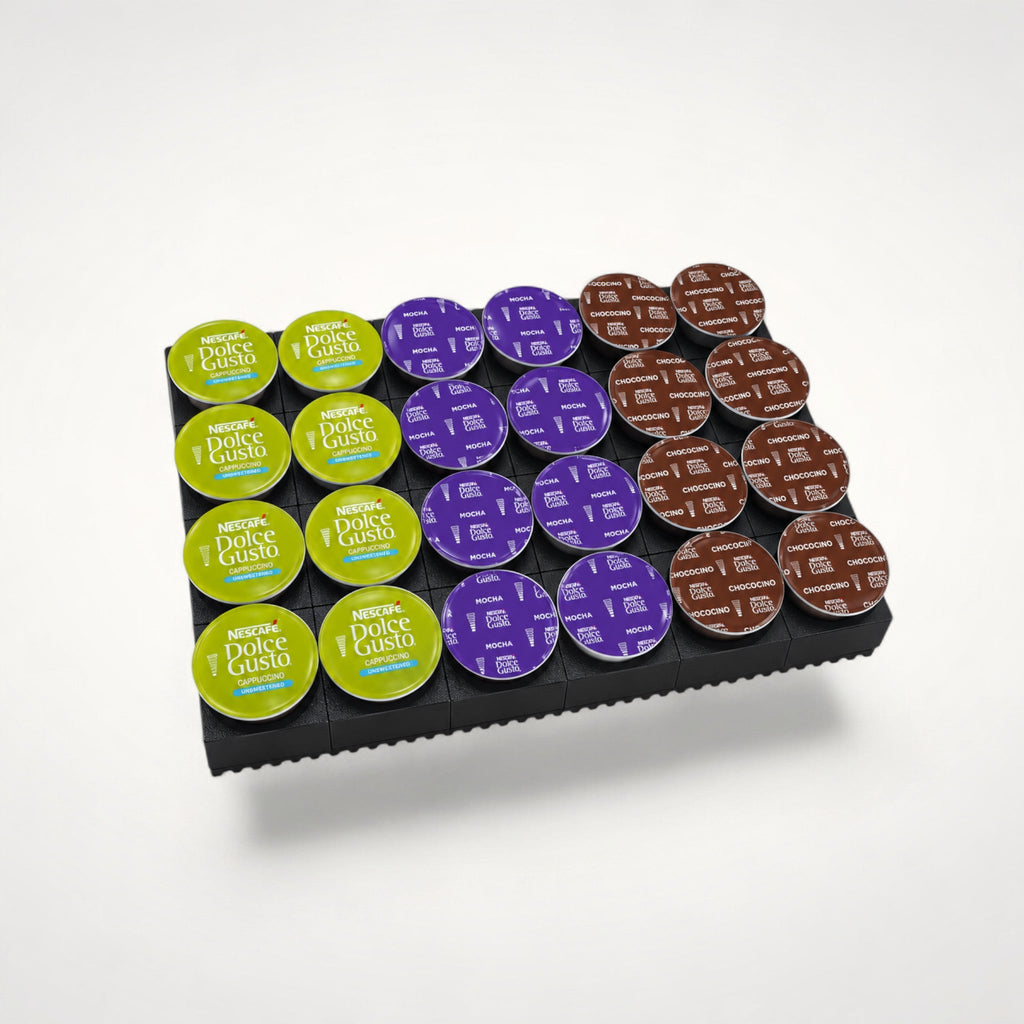 NG Organisers large coffee pod holder for 24 Dolce Gusto capsules in a black modular grid display