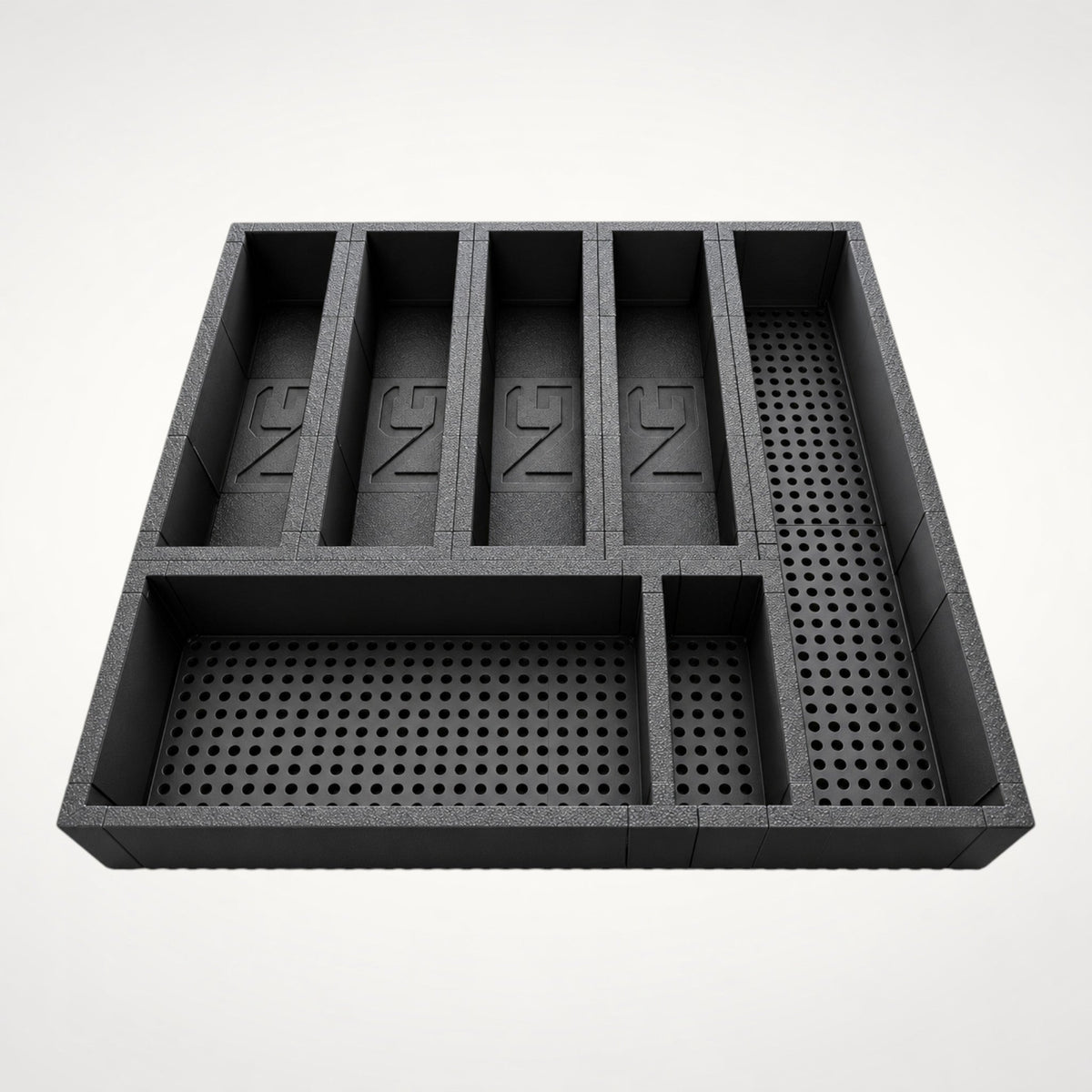 NG Organisers modular kitchen drawer insert with seven black compartments for utensil storage and organisation