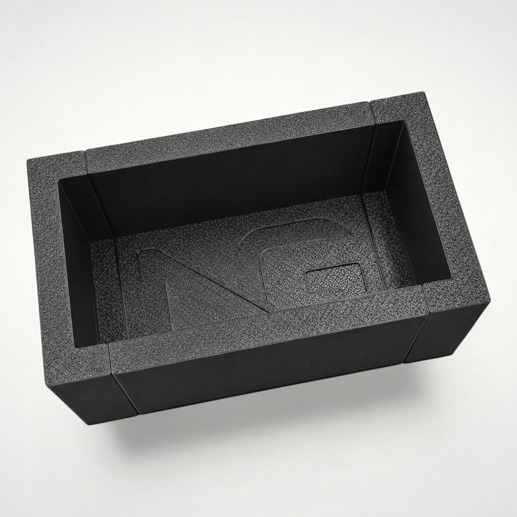 NG Organisers modular black storage box with a textured finish and embossed logo, viewed from above.
