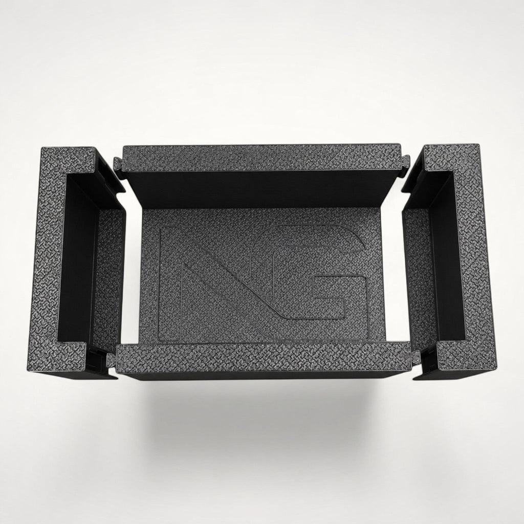 NG Organisers modular storage box insert with textured black finish and branded centre piece for drawer organisation.