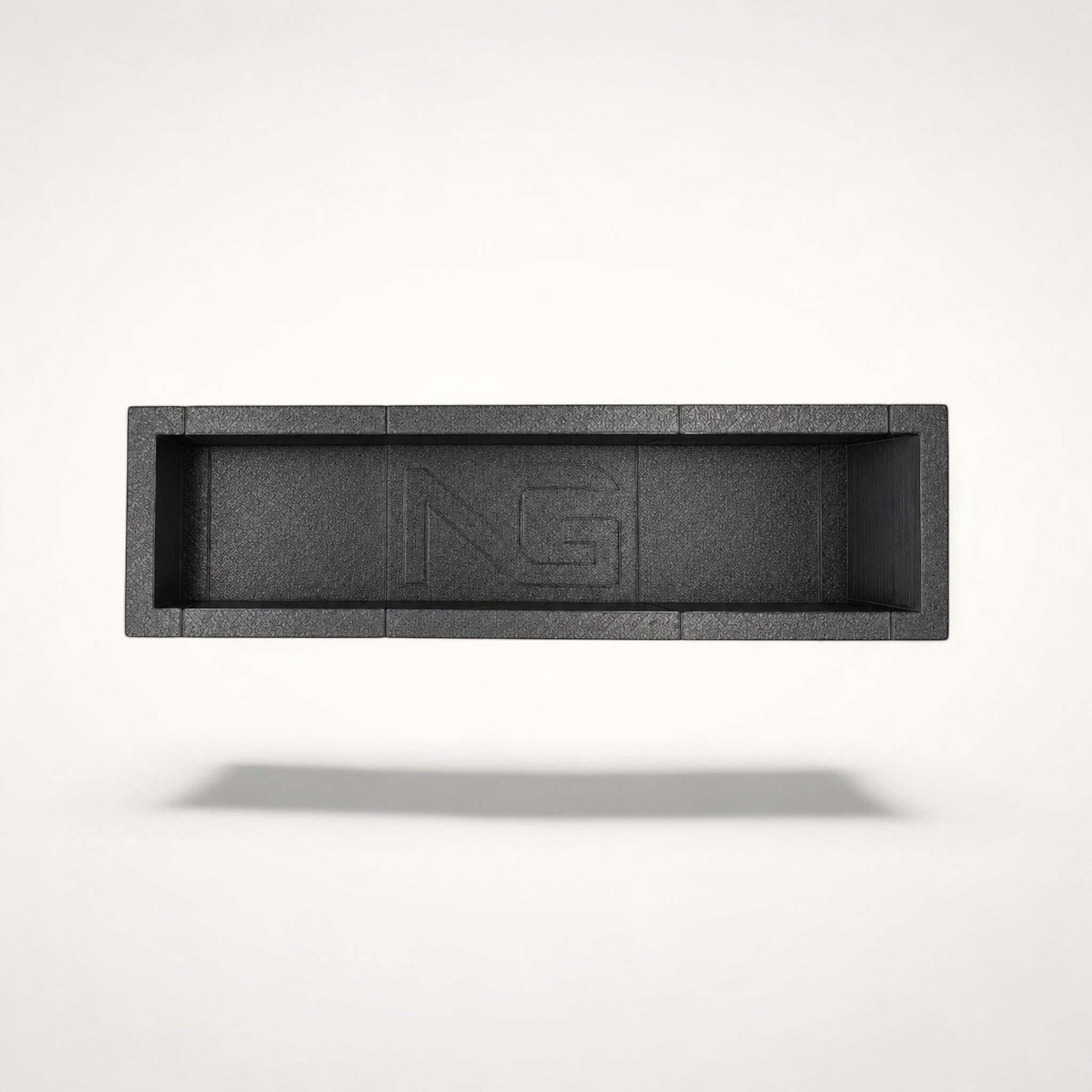 NG Organisers slim black modular storage box insert with branded center module for drawer organisation.