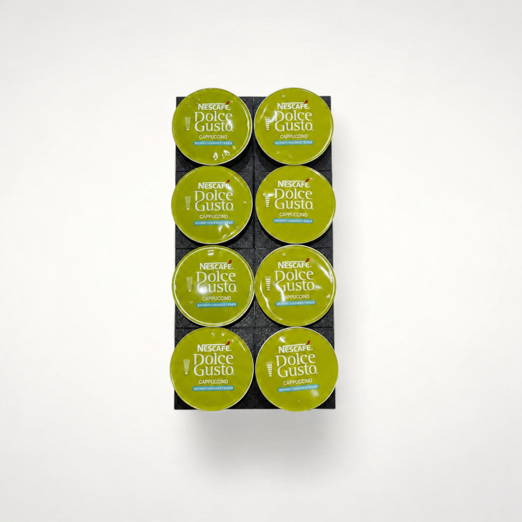 NG Organisers small coffee pod storage kit holding eight green Dolce Gusto capsules in a black modular base