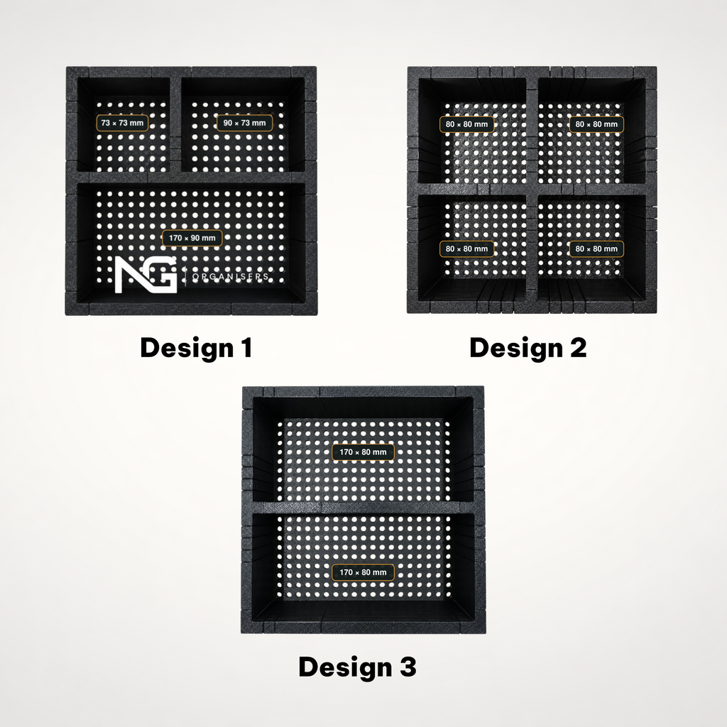 The three make-up organiser layouts side by side: Design 1, Design 2 and Design 3