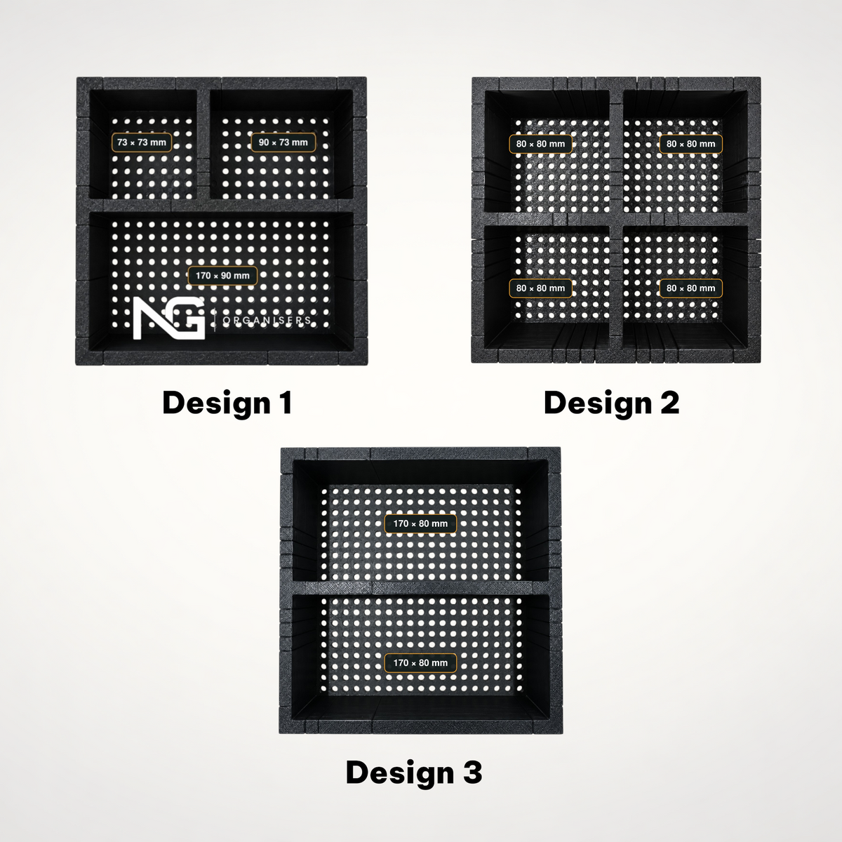 The three make-up organiser layouts side by side: Design 1, Design 2 and Design 3